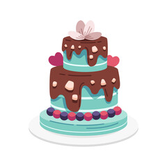 Pixelated Two Tiered Teal Cake With Chocolate Ganache Drizzle And Pink Flower Decoration On White Plate Minimalist Style