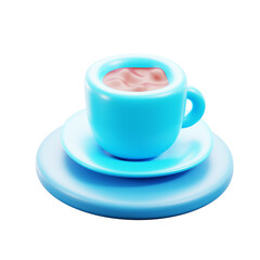 Stylized Blue Coffee Cup and Saucer with Pink Beverage on a Transparent Background Isolated 3D Rendering