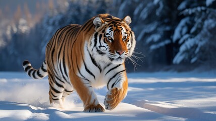 Obraz premium Tiger Walking Through Snowy Forest Landscape animal.