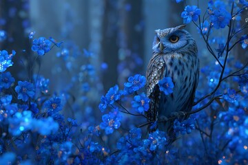 Elegant owl perched on blossom branch amidst dreamy blue flowers, casting a magical spell over the tranquil forest scene, perfect for fantasy concept art