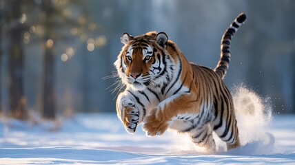 Obraz premium Tiger Running Through Snowy Forest animal wildlife.