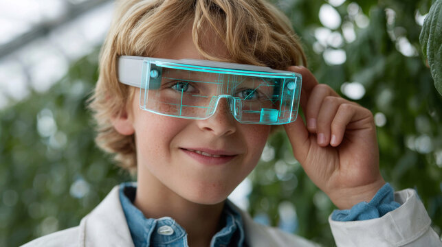 A young boy wearing futuristic augmented reality glasses that display digital information on his field of vision, with a blurred background indicating an outdoor setting. - Powered by Adobe
