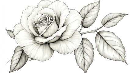 Elegant monochrome rose illustration with delicate petals and leaves.