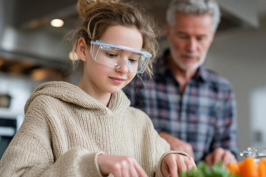 A young girl wearing safety goggles while cutting vegetables in a kitchen with her father behind her