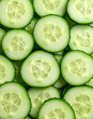 Fresh cucumber in white background, aesthetic and fokus slicing cucumber. Sliced cucumber showcasing its vibrant green and hydrating texture ideal for food photography, detox themes