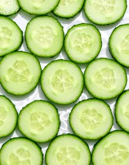Fresh cucumber in white background, aesthetic and fokus slicing cucumber. Sliced cucumber showcasing its vibrant green and hydrating texture ideal for food photography, detox themes