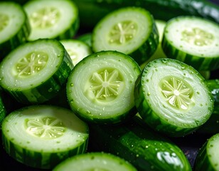 Fresh cucumber in white background, aesthetic and fokus slicing cucumber. Sliced cucumber showcasing its vibrant green and hydrating texture ideal for food photography, detox themes