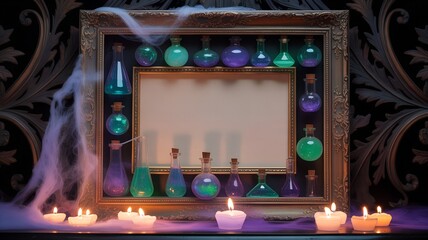 Witch's potion shelf with frame, cobwebs, and candles.