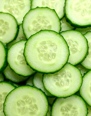 Fresh cucumber in white background, aesthetic and fokus slicing cucumber. Sliced cucumber showcasing its vibrant green and hydrating texture ideal for food photography, detox themes