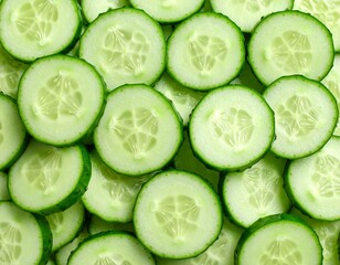 Fresh cucumber in white background, aesthetic and fokus slicing cucumber. Sliced cucumber showcasing its vibrant green and hydrating texture ideal for food photography, detox themes