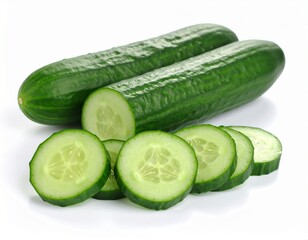Fresh cucumber in white background, aesthetic and fokus slicing cucumber. Sliced cucumber showcasing its vibrant green and hydrating texture ideal for food photography, detox themes
