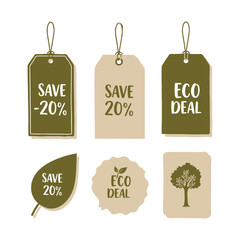 Discount Tags Vector with Recycled Paper Texture and Leaf Design-Eco Friendly Hand Drawn Discount Tags