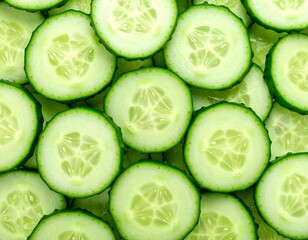 Fresh cucumber in white background, aesthetic and fokus slicing cucumber. Sliced cucumber showcasing its vibrant green and hydrating texture ideal for food photography, detox themes