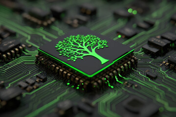 Green circuit microchip tree icon neon glow technology eco concept sustainability motherboard processor green energy