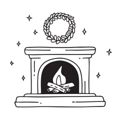 A wreath near a fireplace with crackling logs