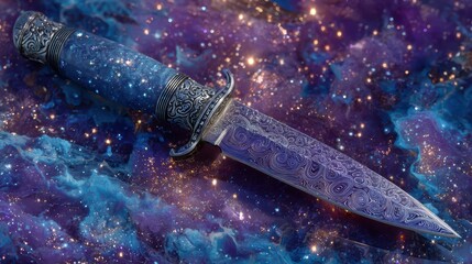 Intricate Knife with Cosmic Background in Purple and Blue Hues