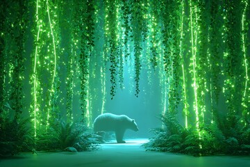 Enchanting neon jungle scene with a majestic bear under glowing vines, perfect for fantasy art, nature concepts, and vibrant backgrounds