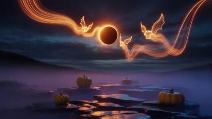 Misty Halloween landscape with pumpkins and glowing bats under an eclipse.