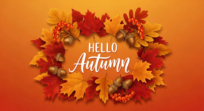 Autumnal wreath of red and orange leaves, acorns, and berries on orange background, text "Hello Autumn", showcasing seasonal design, ideal for fall greetings or advertisements