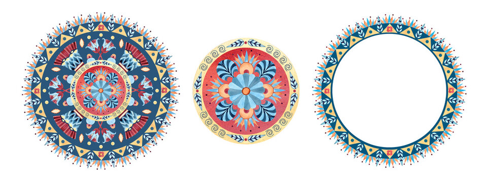 Fototapeta Set with Arabic circles frames. Ancient colorful geometric patterns, ornaments. Sacred lotus of oriental culture. Watercolor illustration isolated from background white template. For design postcard.