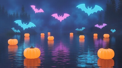 Mixed Neon Bats and Glowing Pumpkins on Water.