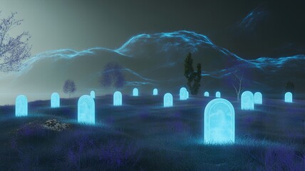 Mystical graveyard with glowing tombstones and purple foliage.