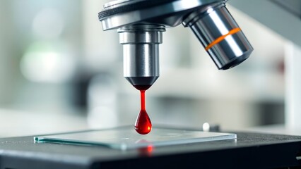 Fototapeta premium Close Up Of Microscope With Red Blood Drop On Glass Slide In Laboratory Setting