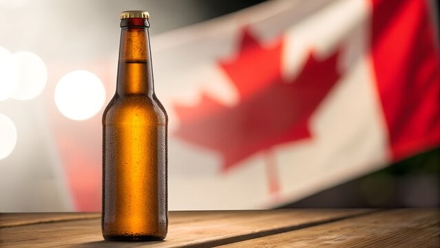 Close up of a cold glass beer bottle with condensation on wooden table with Canadian flag background