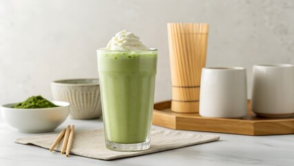 Creamy Green Matcha Drink Topped With Whipped Cream And Traditional Tea Accessories On A Light Background
