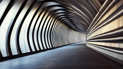 Naklejka premium Abstract view of a tunnel. The architectural wonder has curving metal ribs creating interesting light and shadows along the walkway. Perspective enhances the image.