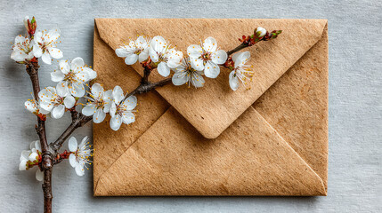 Elegant Kraft Envelope with Blooming Spring Blossom