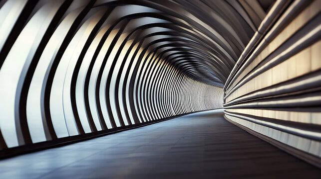 Abstract view of a tunnel. The architectural wonder has curving metal ribs creating interesting light and shadows along the walkway. Perspective enhances the image.