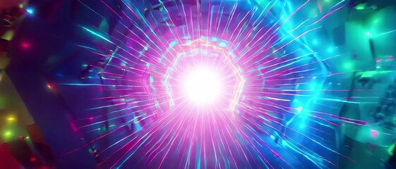 Psychedelic glowing hexagonal tunnel with vibrant rainbow neon lights and reflections in fantasy abstract dimension - Powered by Adobe