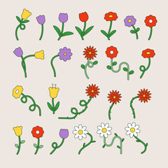 set retro groovy flower flat vector illustration collection