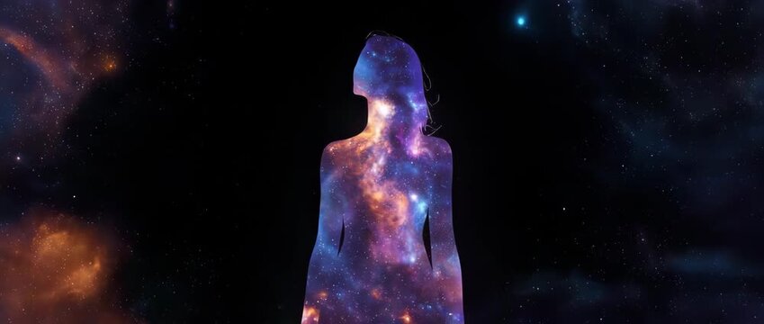 An awe-inspiring animation of a woman's silhouette filled with a cosmic universe. Represents limitless potential, dreams, and the power of the feminine.