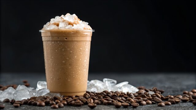 Iced Coffee Drink with Caramel Swirl Topped with Crushed Ice and Coffee Beans