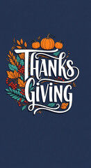 Thanksgiving lettering design with pumpkins, leaves, and berries on a dark blue background, symbolizing autumn harvest and gratitude, perfect for holiday cards or banners