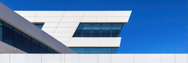 Modern architectural design featuring sharp lines, large windows, and a sleek exterior against a clear blue sky.