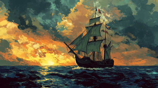 Historical style illustration of Columbus's voyage, Columbus Day.