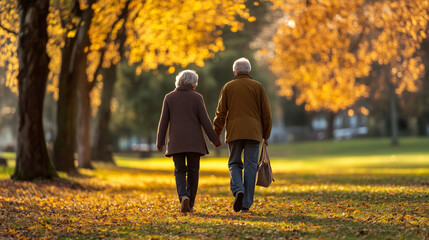 An elderly couple is walking slowly in the park.