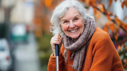 An elderly woman smiles with a cane on World Arthritis Day. Copy space.