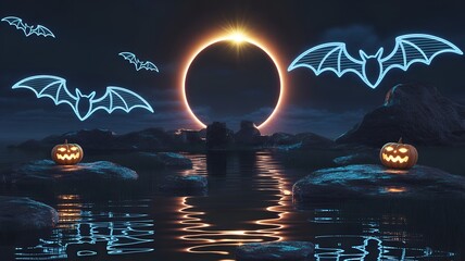 Neon Bats and Jack-o'- Lanterns Under a Solar Eclipse.