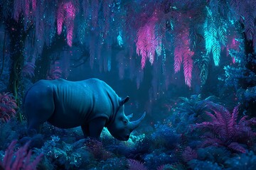 Enchanting rhino in a vibrant, dreamlike jungle landscape with glowing flora and fauna, ideal for fantasy illustrations and imaginative designs