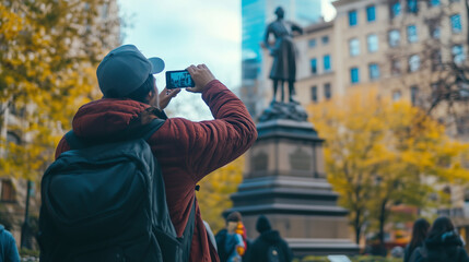 Tourist taking photo of Columbus monument in city square, Columbus Day.