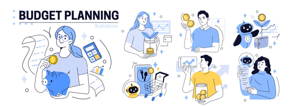 Budget planning and savings set. Collection of characters managing personal finances with AI tools and smart assistants. Fintech and money management vector illustration.