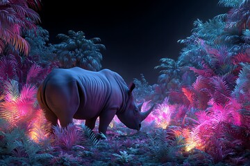 Stunning rhino in vibrant jungle at night, neon colors illuminating the exotic landscape, perfect for nature and wildlife campaigns with a futuristic twist