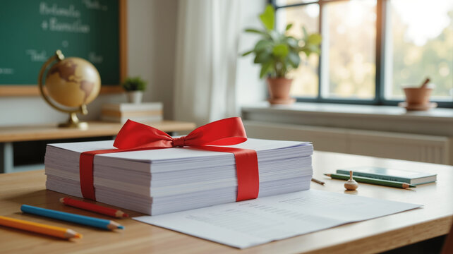 Student Report Cards with Red Ribbon – Academic Documents and Colorful Stationery on Teacher's Desk for Educational Assessment, World Teachers Day, and School Grading Systems