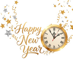 Happy New Year Celebration Countdown with Golden Clock & Stars on transparent background