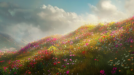 A field of flowers with a cloudy sky in the background
