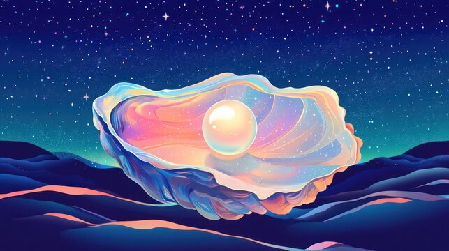 Colorful pearl oyster, night sky, abstract background, digital art, stunning